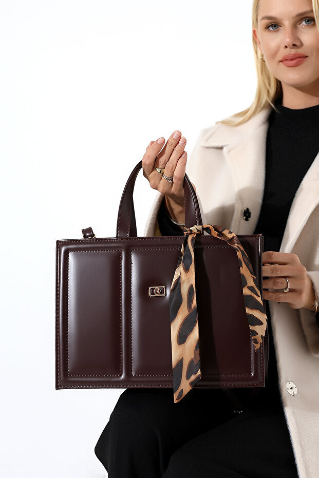 Brown Large Box-Sized Handbag with Scarf Accessory