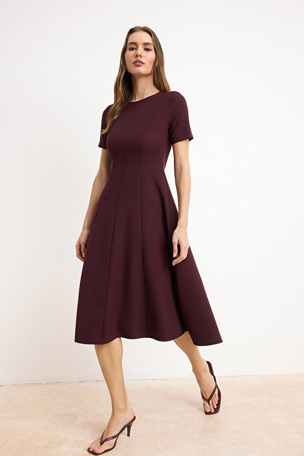 Dark Burgundy Flared Waist Midi Woven Dress