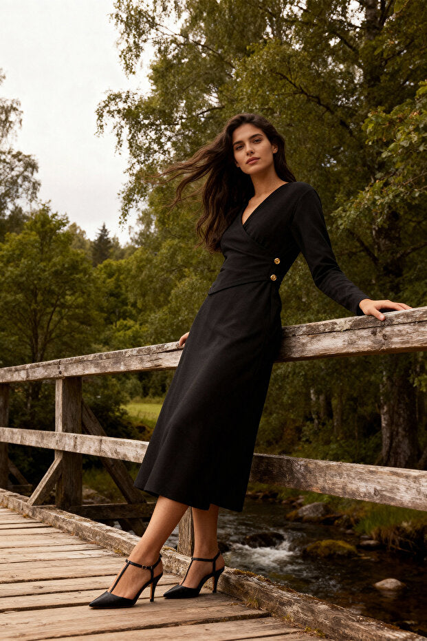 V-Neck Long Sleeve Midi Dress