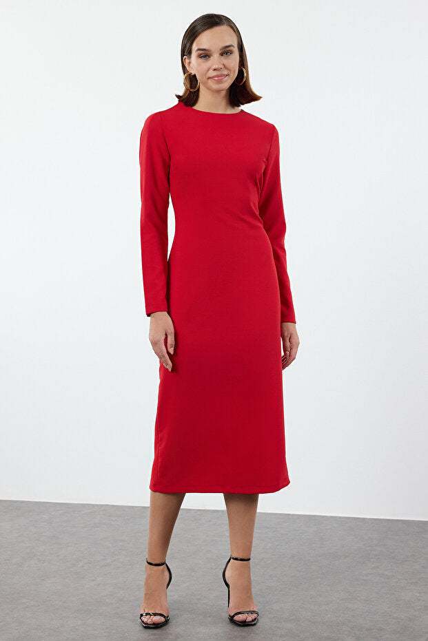 Red Long-Sleeve Midi Dress