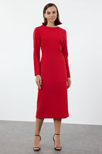 Red Long-Sleeve Midi Dress
