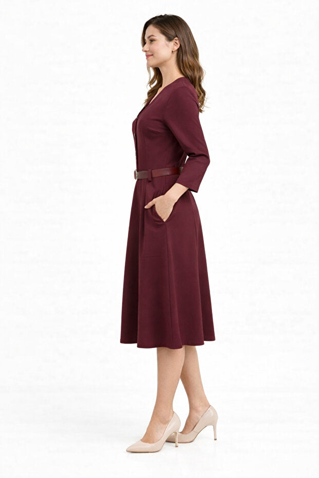 Burgundy Belt Detail Midi Dress