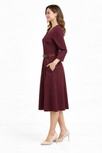 Burgundy Belt Detail Midi Dress