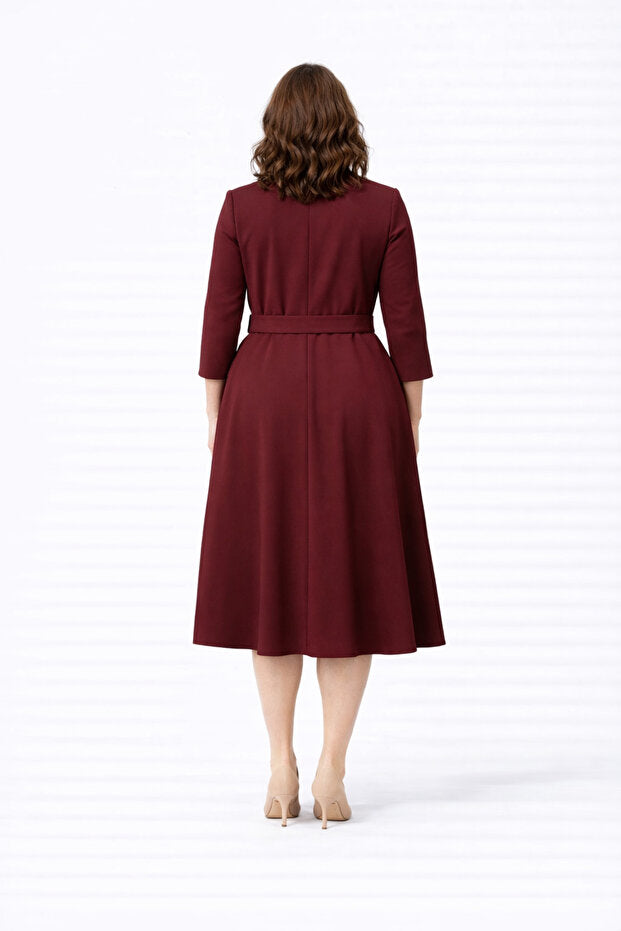 Burgundy Wrap Neck Belted Midi Dress