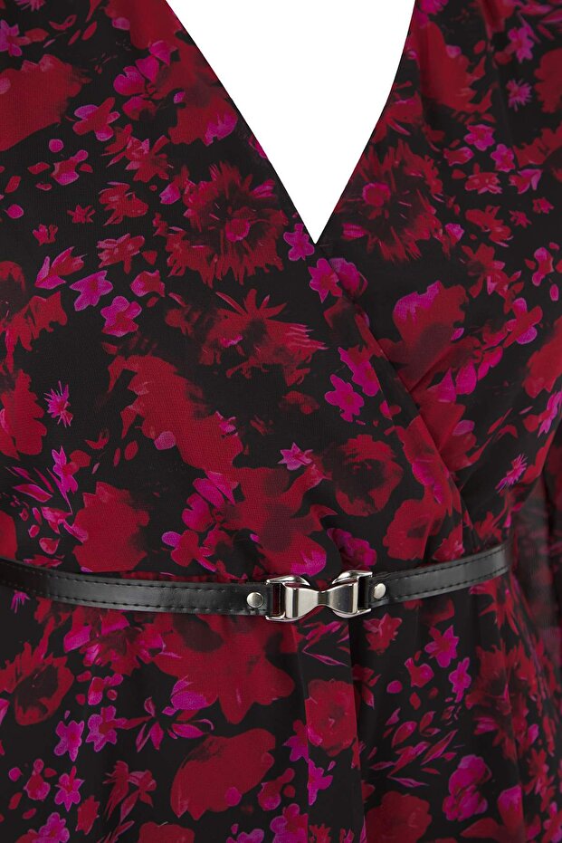 Burgundy Floral Belted Dress
