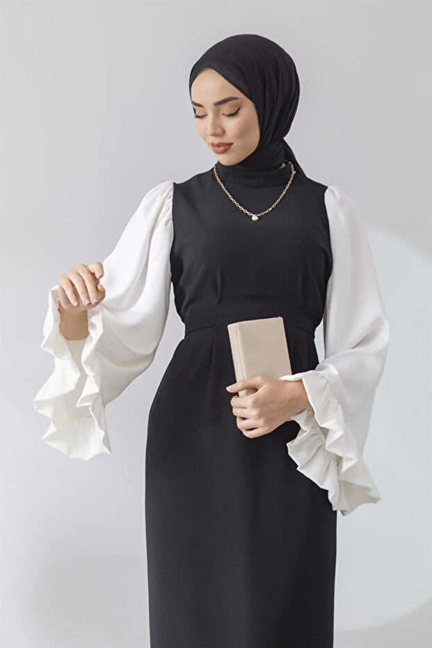 Black Midi Dress with White Ruffle Balloon Sleeves