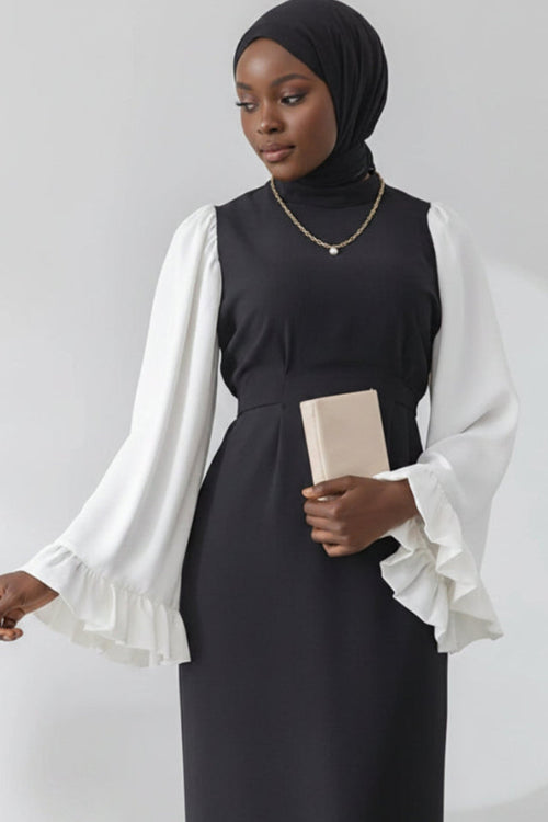 Black Midi Dress with White Ruffle Balloon Sleeves