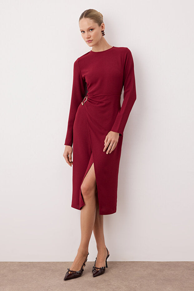 Burgundy Straight A-Line Midi Woven Dress