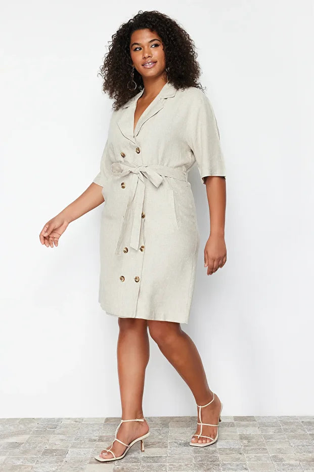 Beige Double-Breasted Woven Jacket Linen Blend Dress