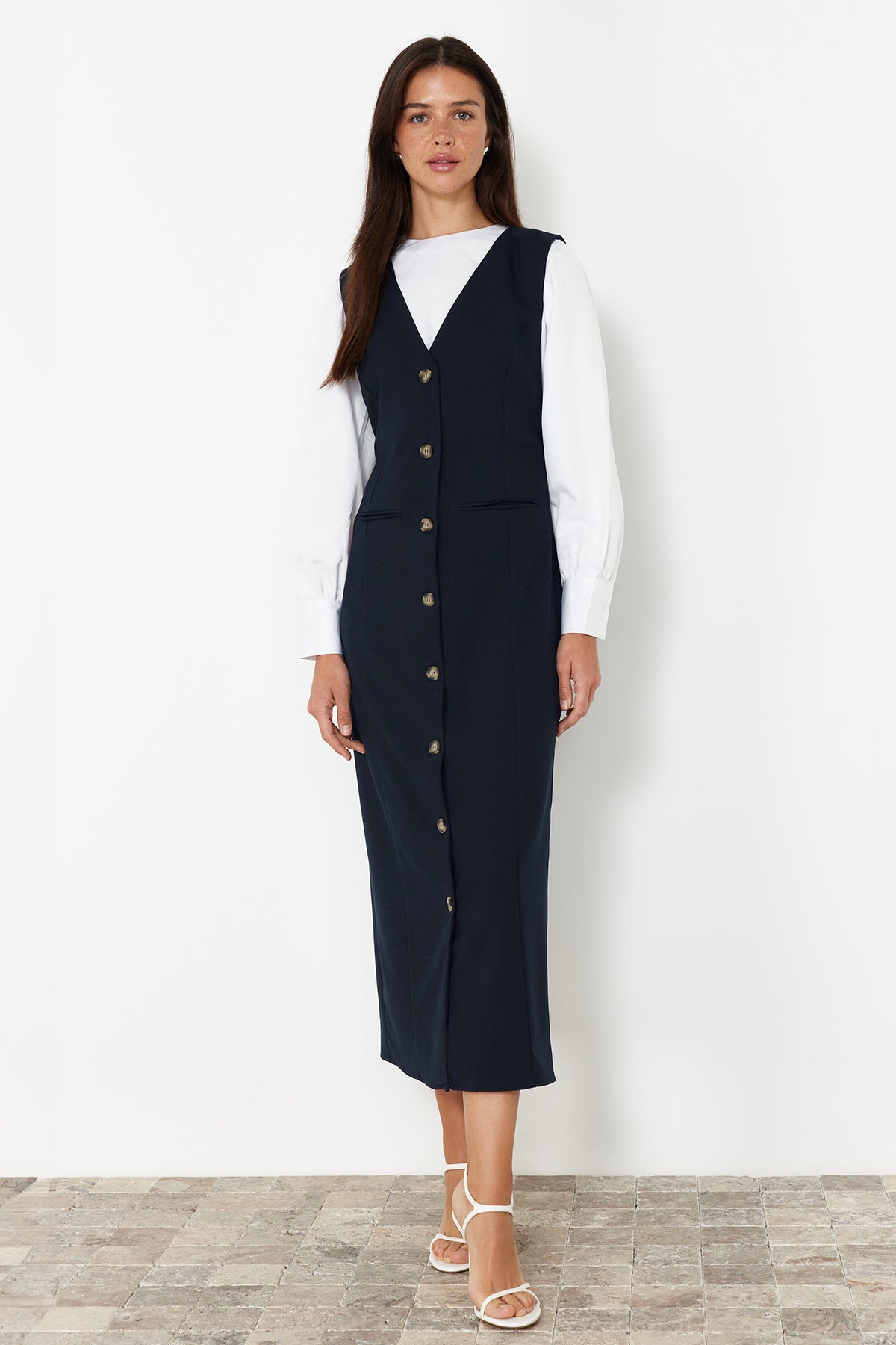 Modest Navy Button-Front Vest Dress with Inner