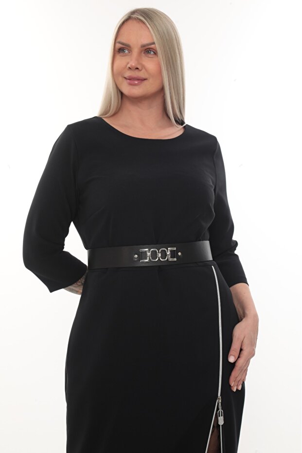 Zipper Detail Belted  Black Midi Dress
