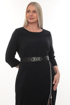 Zipper Detail Belted  Black Midi Dress
