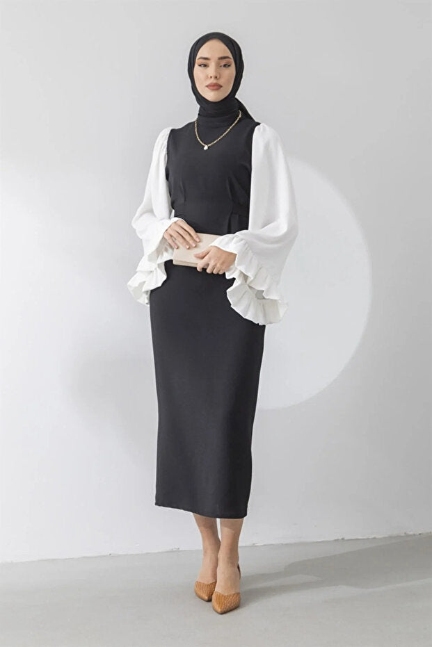Black Midi Dress with White Ruffle Balloon Sleeves