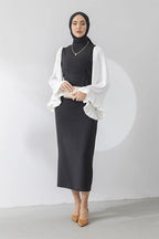 Black Midi Dress with White Ruffle Balloon Sleeves