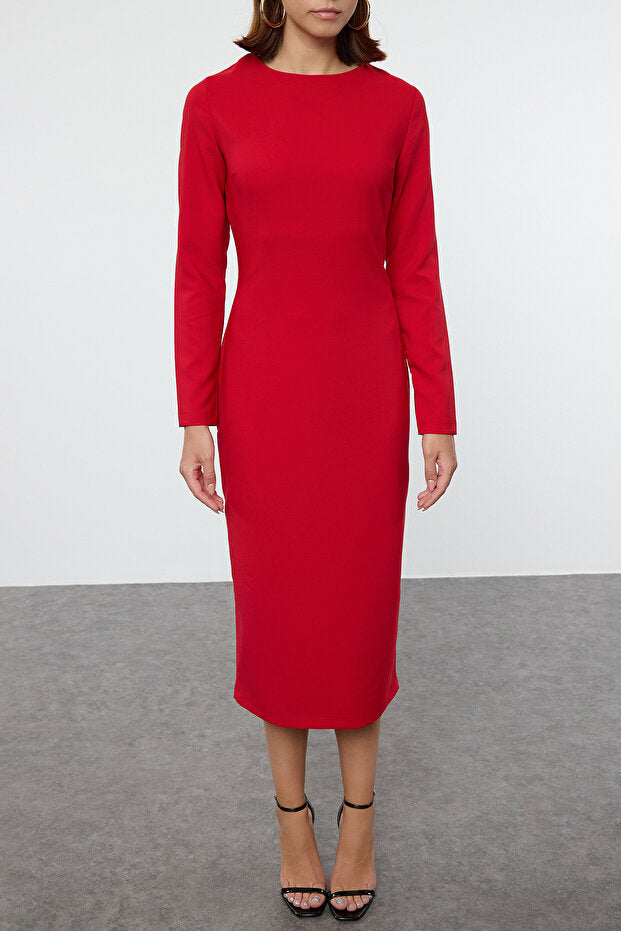 Red Long-Sleeve Midi Dress