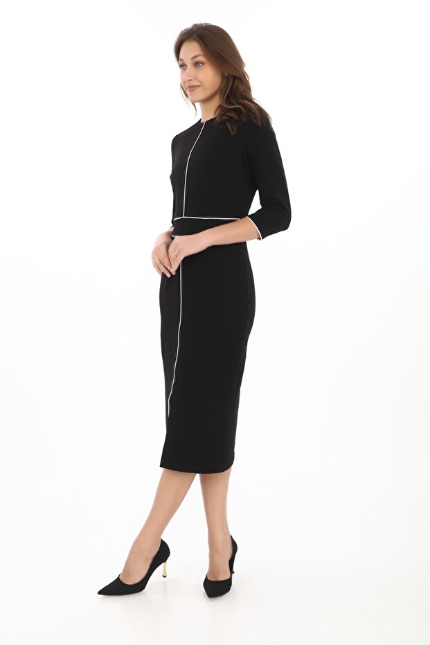 Piping Detail Crew Neck Midi Dress