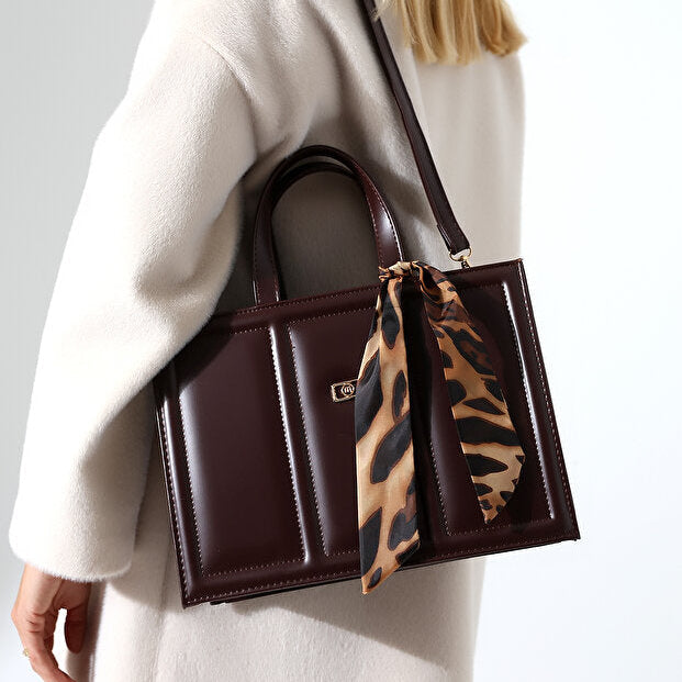 Brown Large Box-Sized Handbag with Scarf Accessory