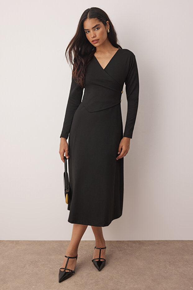 V-Neck Long Sleeve Midi Dress