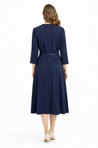 Navy Blue Midi Dress with Belt Detail