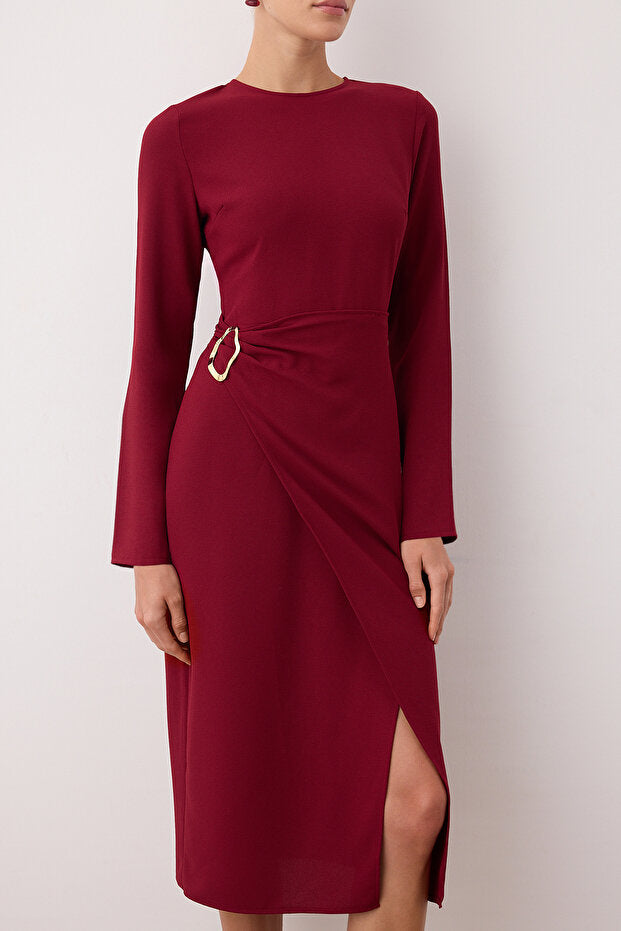 Burgundy Straight A-Line Midi Woven Dress