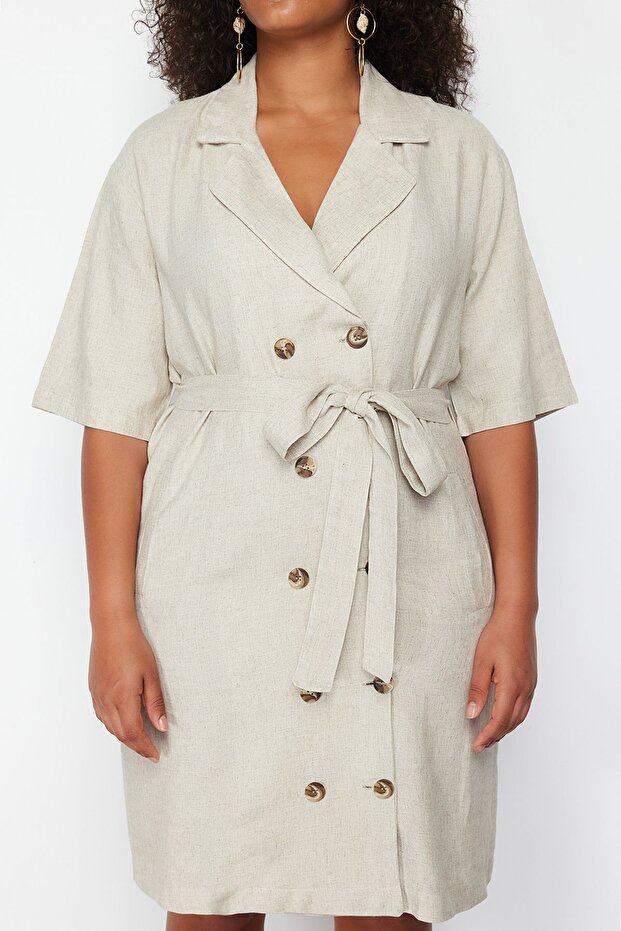 Beige Double-Breasted Woven Jacket Linen Blend Dress