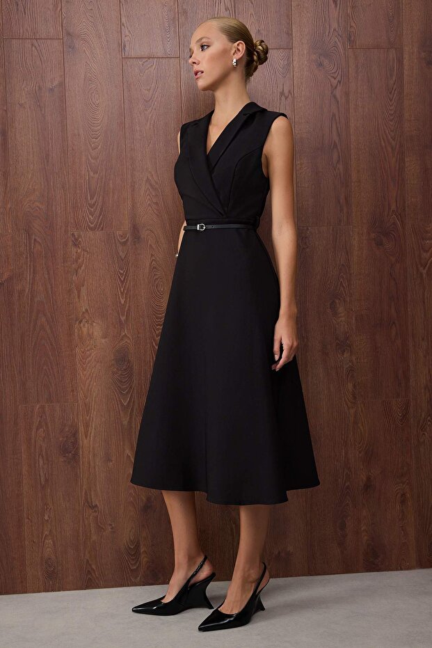 Black Belt Detail Midi Woven Dress
