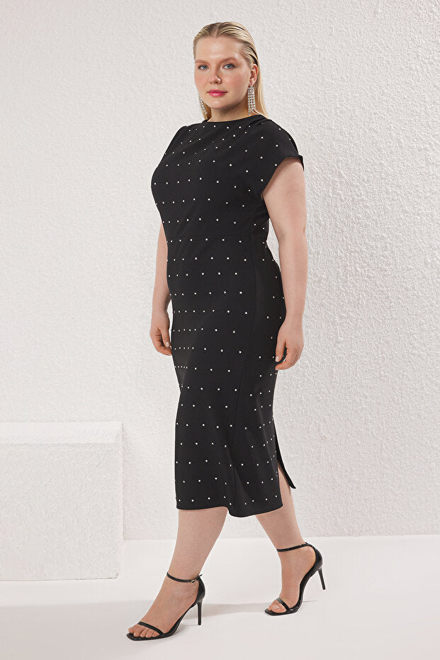 Plus Size Black Stoned Woven Dress
