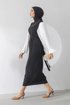 Black Midi Dress with White Ruffle Balloon Sleeves