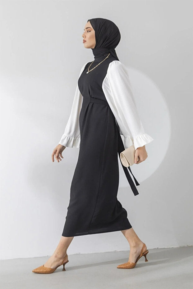 Black Midi Dress with White Ruffle Balloon Sleeves