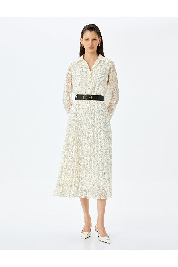Pleated Long Sleeve Polka Dot Dress