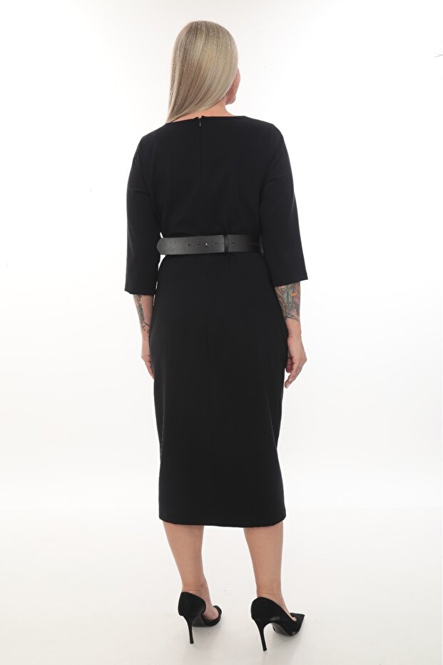 Zipper Detail Belted  Black Midi Dress