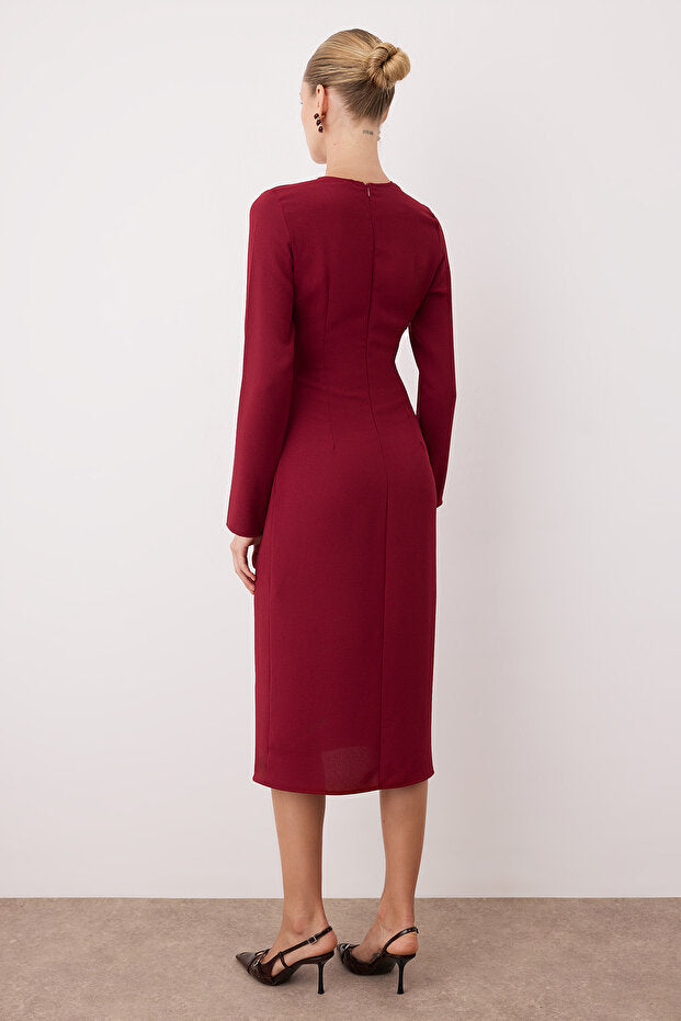 Burgundy Straight A-Line Midi Woven Dress