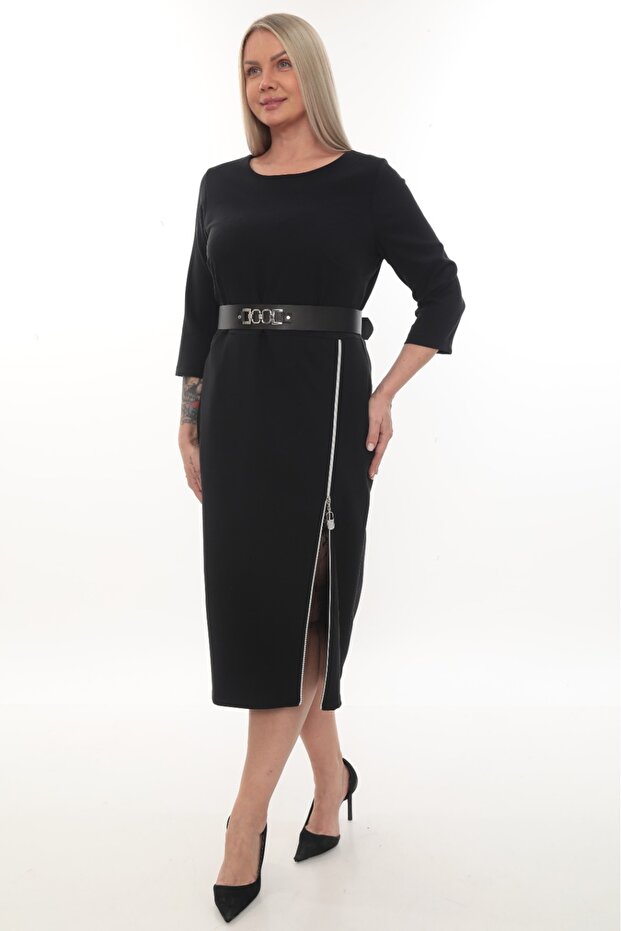 Zipper Detail Belted  Black Midi Dress