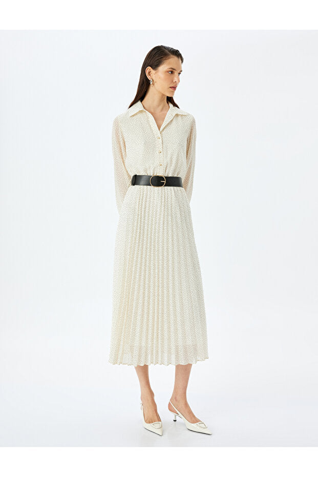 Pleated Long Sleeve Polka Dot Dress