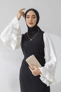 Black Midi Dress with White Ruffle Balloon Sleeves