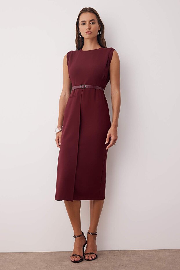 Burgundy Woven Midi Dress with Belt Detail