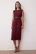 Burgundy Woven Midi Dress with Belt Detail