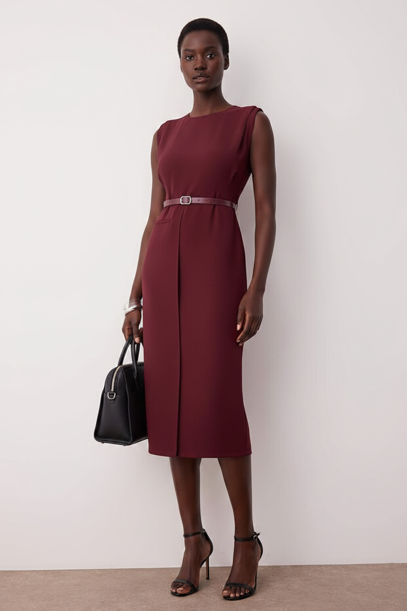Burgundy Woven Midi Dress with Belt Detail