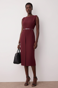 Burgundy Woven Midi Dress with Belt Detail