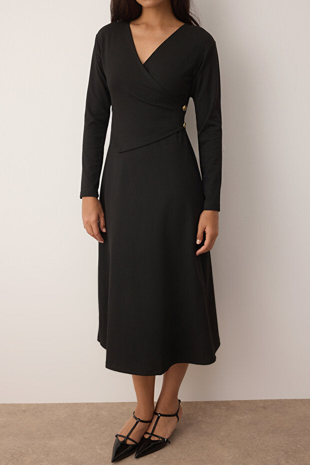 V-Neck Long Sleeve Midi Dress