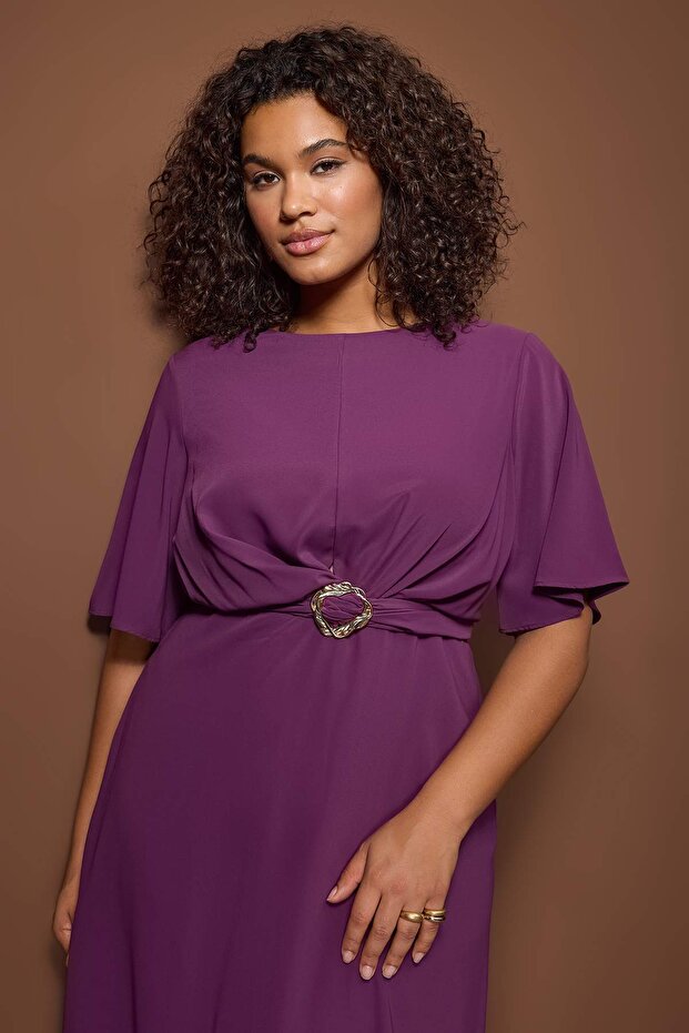 Royal Purple Flutter-Sleeve Belted Midi Dress