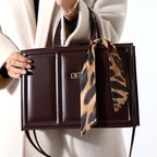 Brown Large Box-Sized Handbag with Scarf Accessory