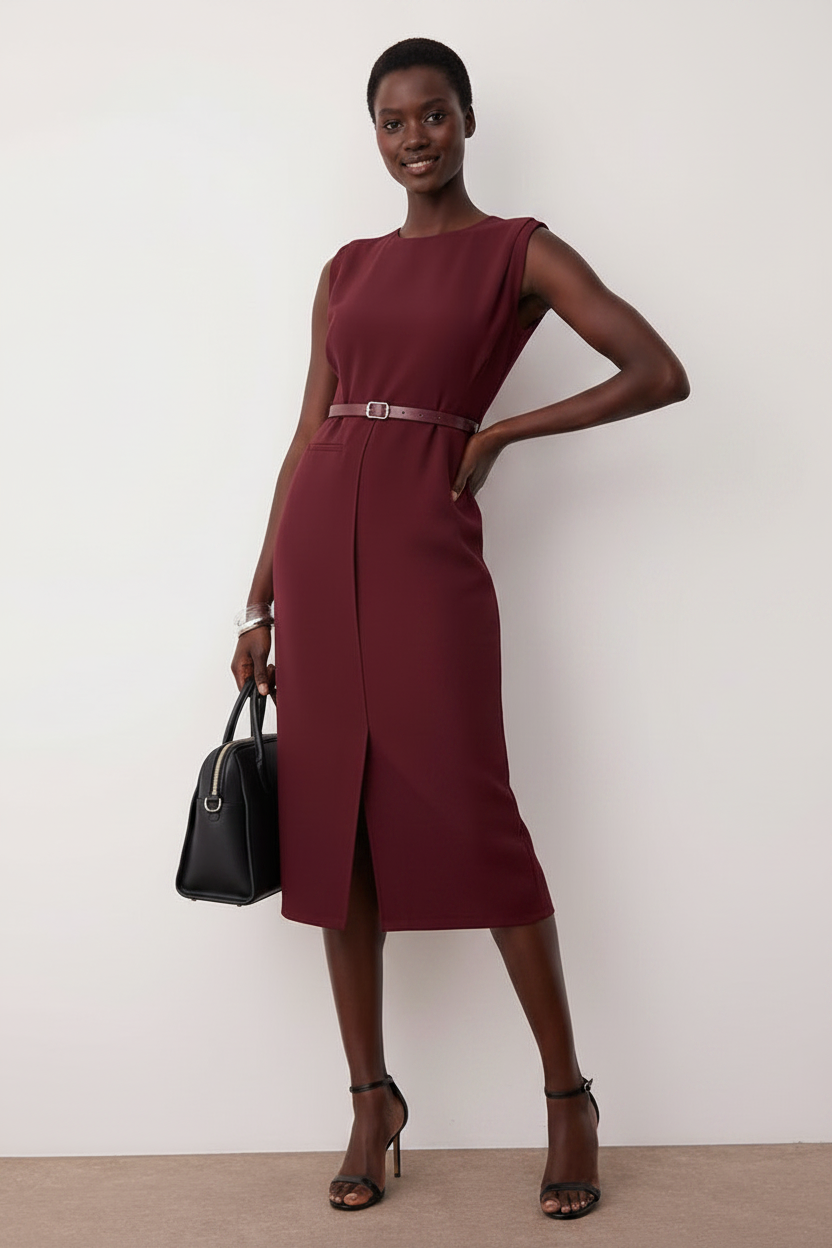 Burgundy Woven Midi Dress with Belt Detail