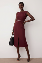 Burgundy Woven Midi Dress with Belt Detail