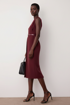 Burgundy Woven Midi Dress with Belt Detail
