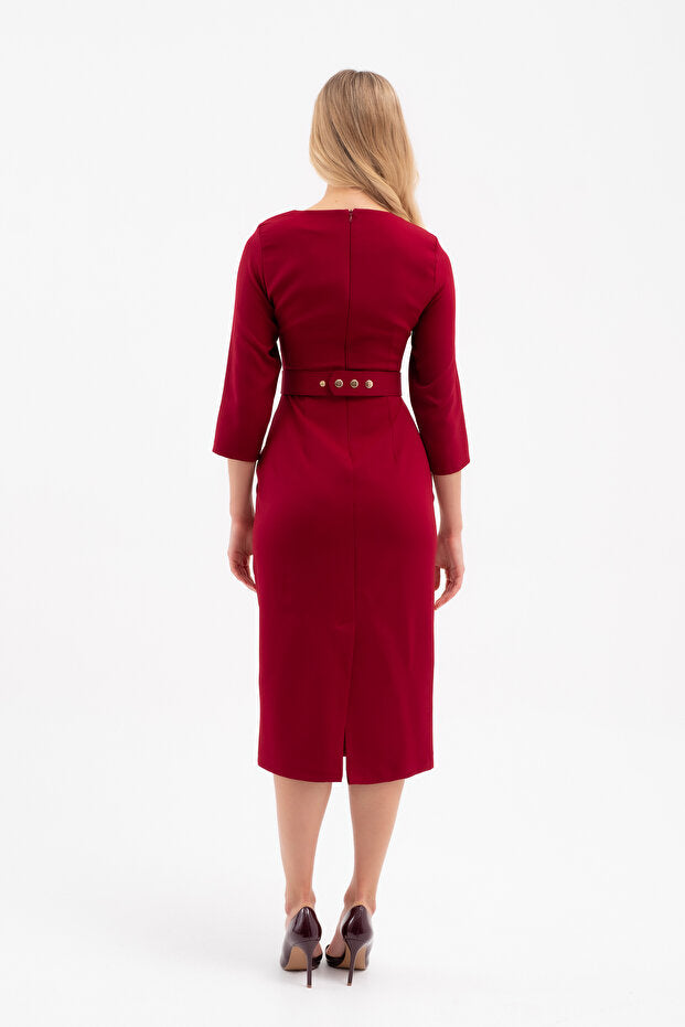 Burgundy Slim Fit Midi Dress with Belt Detail