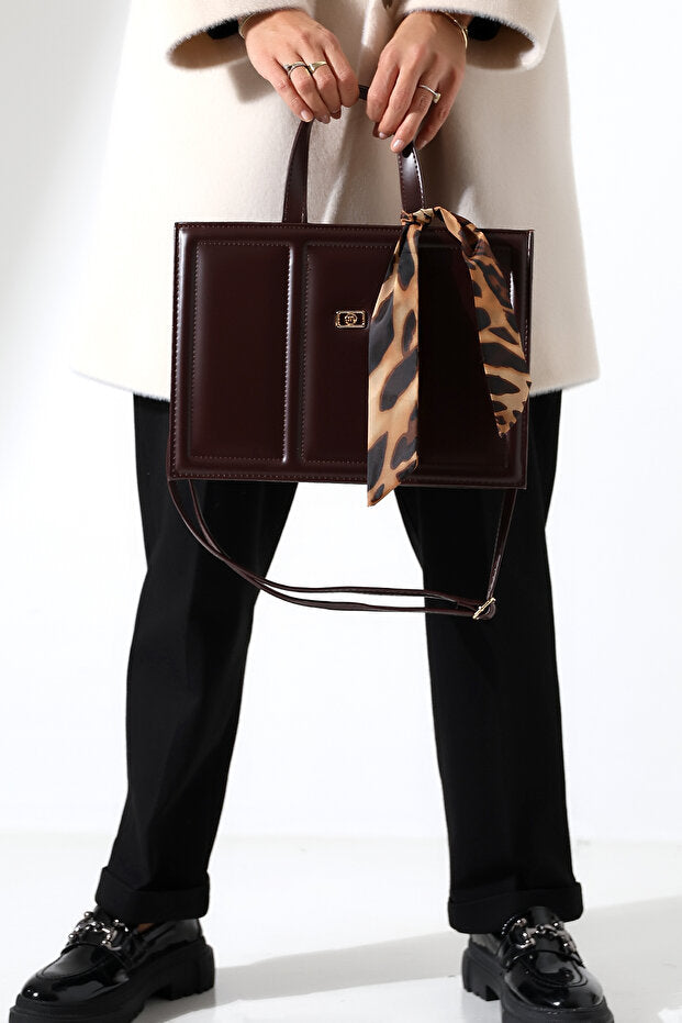 Brown Large Box-Sized Handbag with Scarf Accessory