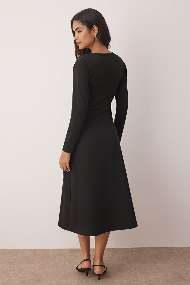 V-Neck Long Sleeve Midi Dress