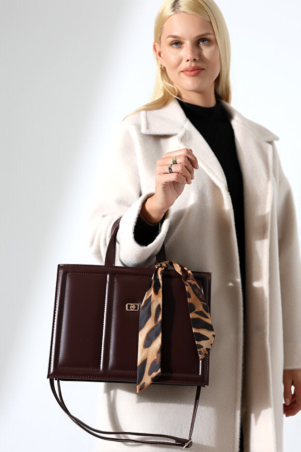 Brown Large Box-Sized Handbag with Scarf Accessory