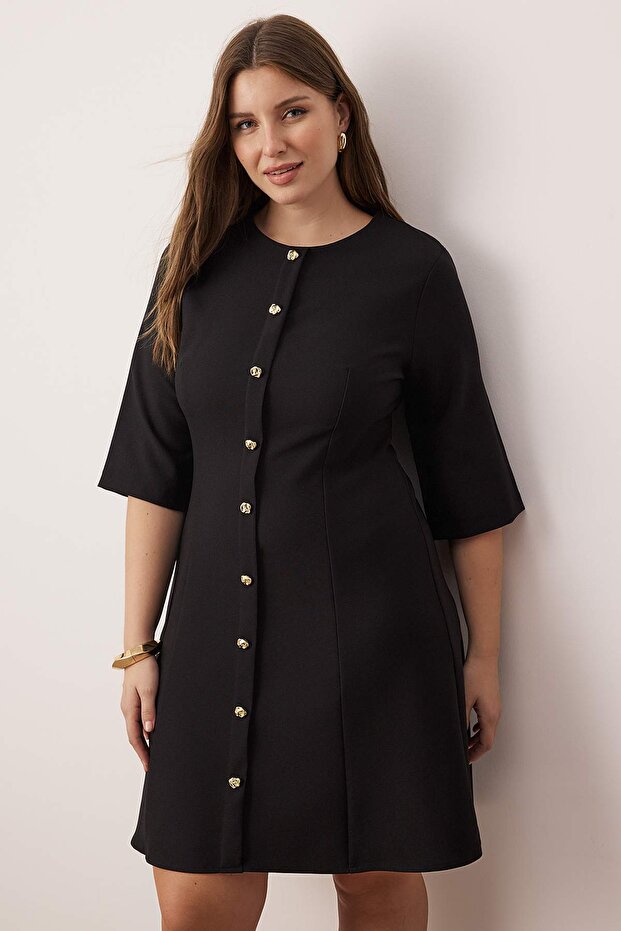 Classic Black Dress with Gold Buttons